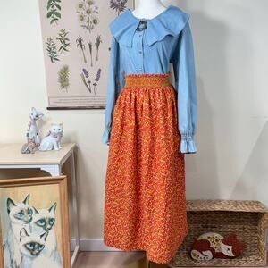 Red Orange Floral Smocked Maxi Skirt Retro Mod Whimsy Twee Cottage Prairie S M